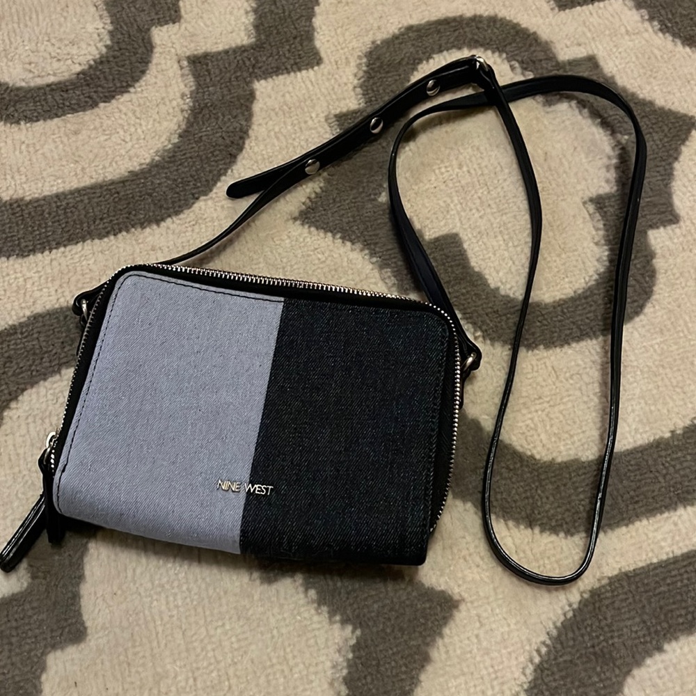 Nine West light and dark wash denim and faux leather crossbody bag